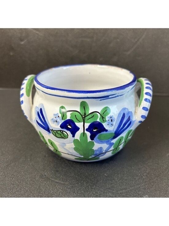 Other - Vintage Italy Ceramic Bowl Handpainted Blue Birds Dual Handles 5.5x3.5